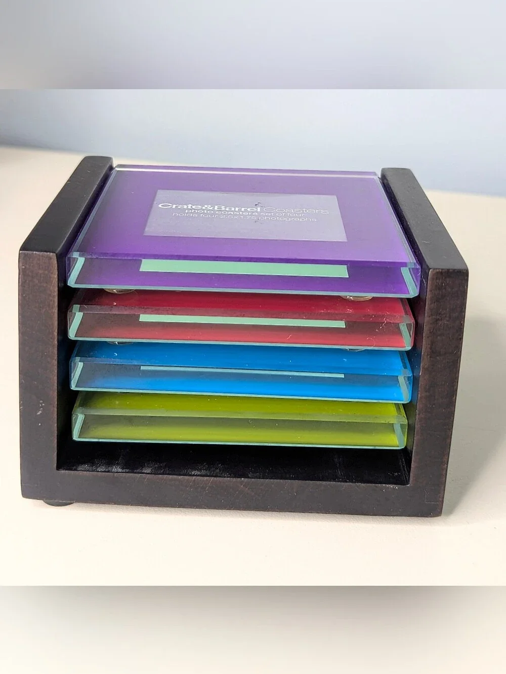 Crate&Barrel Colored Glass Picture Frame Coasters In Dark Wood Holder Set Of 4